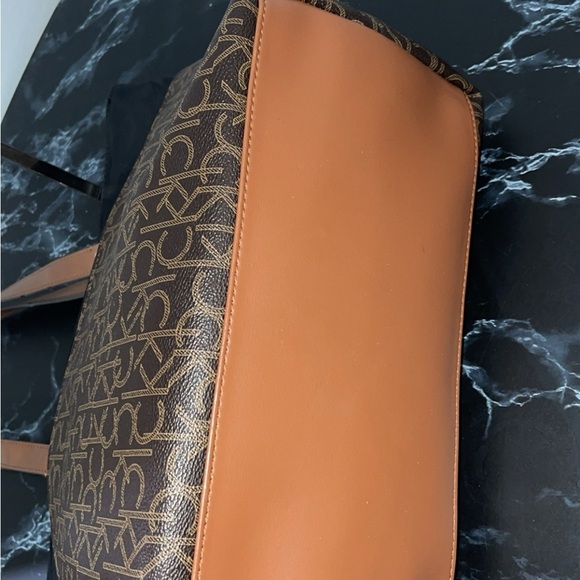 CALVIN KLEIN Handbag Black Brown CK Logo Allover Print Tote Satchel AUTHENTIC - Picture 9 of 11